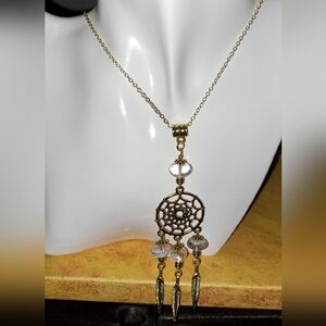 Goldtone Dreamcatcher with Clear Crystal Quartz on Gold Filled Chain